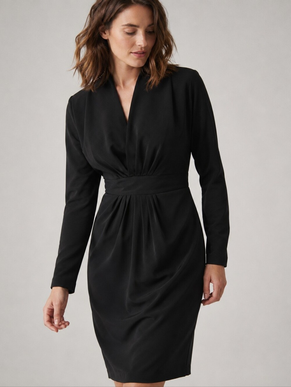 Donna Karan Black Draped V Neck Long Sleeve Sheath Dress Womens Size 10